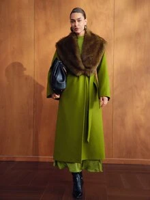MOTF PREMIUM ELEGANT WOOL BLEND TWEED & FAUX FUR PATCHWORK MID-LENGTH OVERCOAT, AUTUMN/WINTER - Green - View 6
