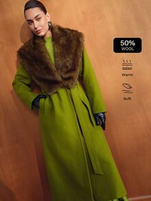 MOTF PREMIUM ELEGANT WOOL BLEND TWEED & FAUX FUR PATCHWORK MID-LENGTH OVERCOAT, AUTUMN/WINTER - Green - View 8