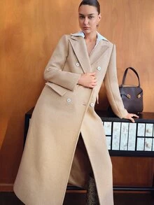 MOTF PREMIUM ELEGANT WIDE SHOULDER DOUBLE-BREASTED WOOL BLEND OVERCOAT FOR WOMEN - Khaki - View 7