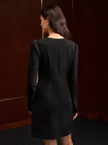 MOTF PREMIUM FASHIONABLE ELEGANT DESIGN COLORBLOCK LACE WAIST-CINCHED SLIMMING LONG SLEEVE ROUND NECK WOMEN'S SHORT DRESS - Black - View 3
