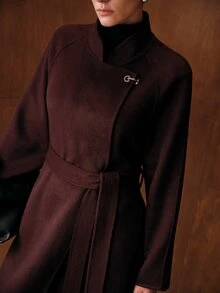 MOTF PREMIUM WOMEN'S AUTUMN/WINTER WOOL DOUBLE-SIDED LONG COAT WITH METAL BUTTON DESIGN, SIMPLE AND ELEGANT STYLE, LAPEL FRONT - Mocha Brown - View 1
