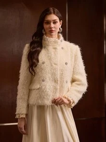 MOTF PREMIUM WOMEN'S AUTUMN/WINTER STAND COLLAR DOUBLE-BREASTED DESIGN CUFF FRILL TRIM OVERCOAT - Apricot - View 4