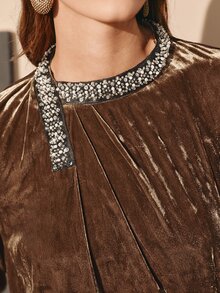 MOTF PREMIUM WOMEN'S AUTUMN/WINTER VELVET BEADED RUFFLED BLOUSE - Coffee Brown - View 1