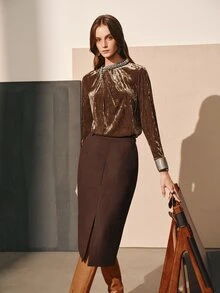 MOTF PREMIUM WOMEN'S AUTUMN/WINTER VELVET BEADED RUFFLED BLOUSE - Coffee Brown - View 4