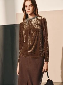 MOTF PREMIUM WOMEN'S AUTUMN/WINTER VELVET BEADED RUFFLED BLOUSE - Coffee Brown - View 5