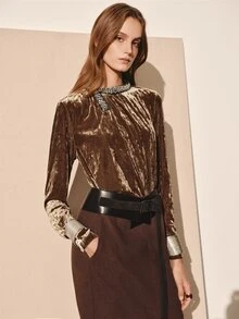 MOTF PREMIUM WOMEN'S AUTUMN/WINTER VELVET BEADED RUFFLED BLOUSE - Coffee Brown - View 2