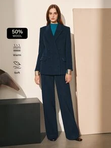 MOTF PREMIUM BLAZER FASHION WANITA MUSIM GUGUR/DINGIN CAMPURAN WOL BAHU LEBAR POTONGAN LURUS COCOK UNTUK KOMUTER - Dark Green - View 1