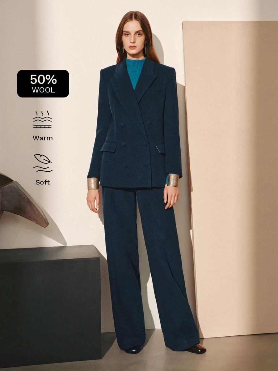 MOTF PREMIUM BLAZER FASHION WANITA MUSIM GUGUR/DINGIN CAMPURAN WOL BAHU LEBAR POTONGAN LURUS COCOK UNTUK KOMUTER - Dark Green - View 1