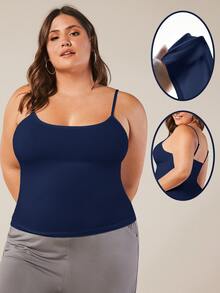 SHEIN BASICS Plus Solid Slim Fit Breathable Cami Top Formal Lounge Vacation Navy Blue Summer Casual Traditional Baggy Baggy Kawaii Formal Vacation Home Wear - Navy Blue - View 1