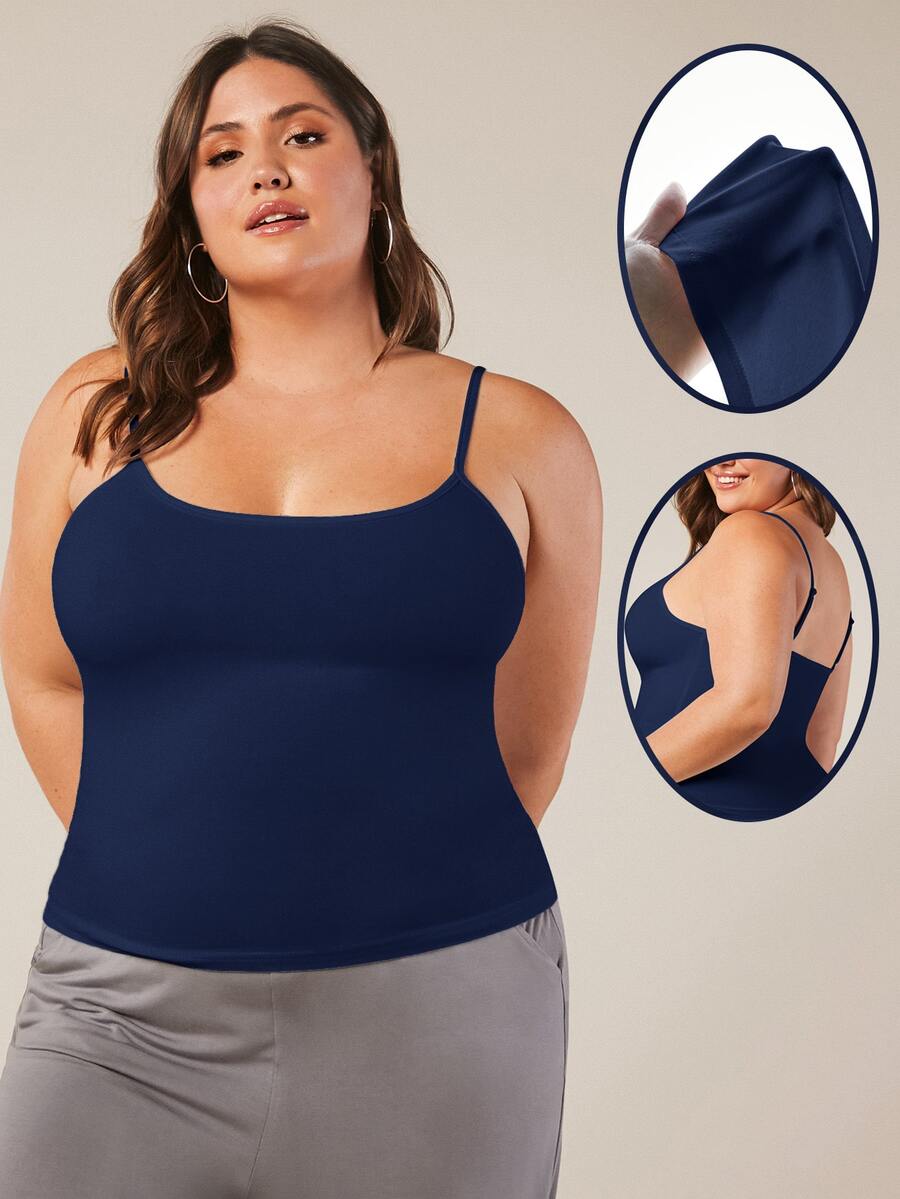 SHEIN BASICS Plus Solid Slim Fit Breathable Cami Top Formal Lounge Vacation Navy Blue Summer Casual Traditional Baggy Baggy Kawaii Formal Vacation Home Wear - Navy Blue - View 1