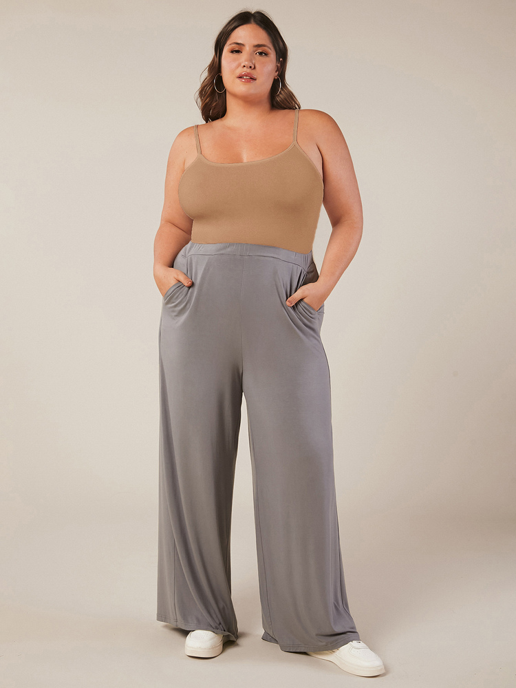SHEIN BASICS Plus Solid Cami Top Summer Tops Summer Outfit For Women Formal Home Wear Evening Camel Casual Traditional Baggy - Khaki - View 4