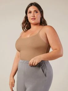SHEIN BASICS Plus Solid Cami Top Summer Tops Summer Outfit For Women Formal Home Wear Evening Camel Casual Traditional Baggy - Khaki - View 6