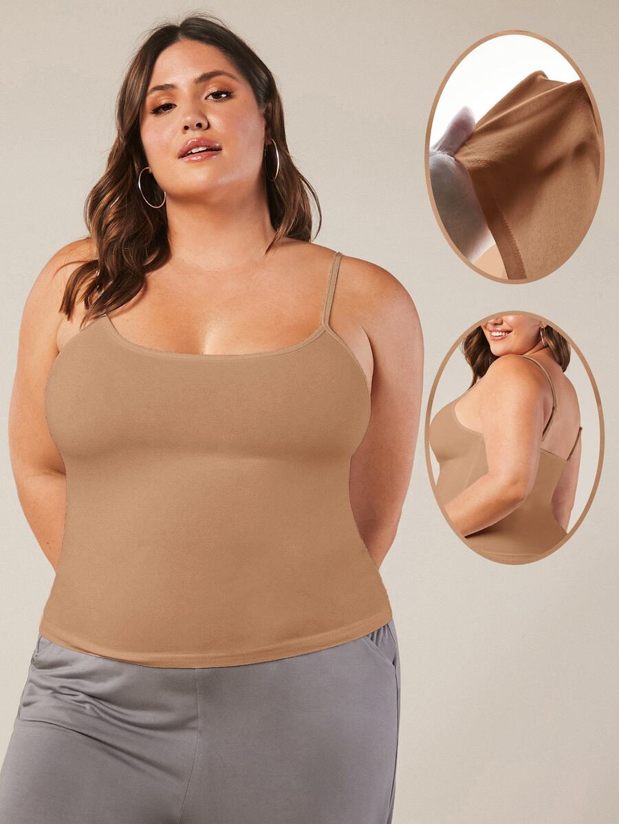 SHEIN BASICS Plus Solid Cami Top Summer Tops Summer Outfit For Women Formal Home Wear Evening Camel Casual Traditional Baggy - Khaki - View 1