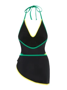 SHEIN Swim Women's Elegant Solid Color Spaghetti Strap Colorful Trim Skirt 2-Piece Set, Spring/Summer - Black - View 6