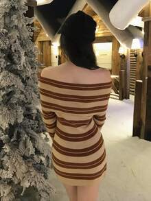 DAZY Women's Sexy Striped Off-Shoulder Long Sleeve Sweater Dress Winter - Brown - View 2