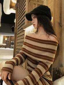 DAZY Women's Sexy Striped Off-Shoulder Long Sleeve Sweater Dress Winter - Brown - View 6
