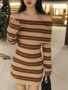 DAZY Women's Sexy Striped Off-Shoulder Long Sleeve Sweater Dress Winter - Brown - View 5