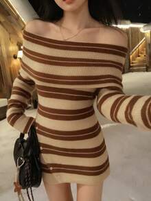 DAZY Women's Sexy Striped Off-Shoulder Long Sleeve Sweater Dress Winter - Brown - View 4