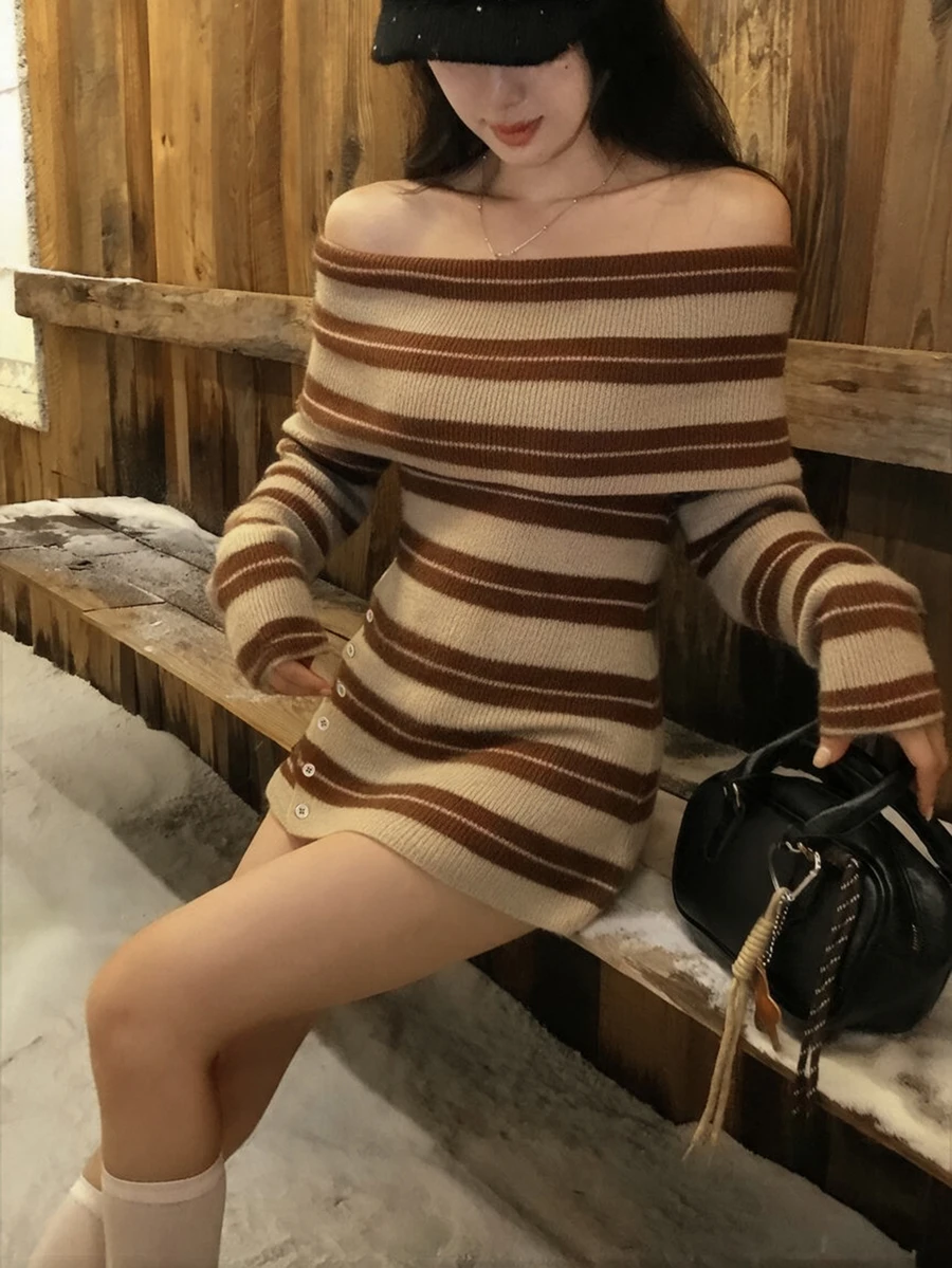 DAZY Women's Sexy Striped Off-Shoulder Long Sleeve Sweater Dress Winter - Brown - View 1