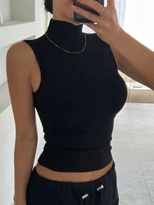DAZY Women's Turtleneck Slim Fit Camisole Y2k Tank Tops - Black - View 4