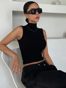DAZY Women's Turtleneck Slim Fit Camisole Y2k Tank Tops - Black - View 7