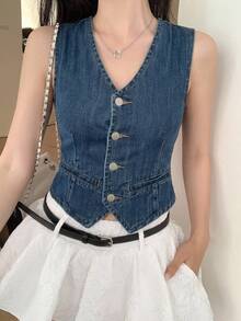 Strévra Women's Casual Commuting V-Neck Denim Vest Crop Top - Medium Wash - View 7