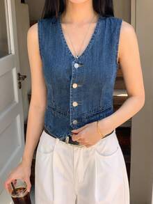 Strévra Women's Casual Commuting V-Neck Denim Vest Crop Top - Medium Wash - View 3