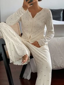 Women's Polka Dot Print Long Sleeve Button-Up Top And Pants Pajama Set, Fall Winter Clothes - Beige - View 5