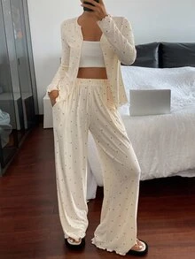 Women's Polka Dot Print Long Sleeve Button-Up Top And Pants Pajama Set, Fall Winter Clothes - Beige - View 6