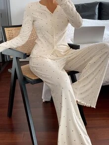 Women's Polka Dot Print Long Sleeve Button-Up Top And Pants Pajama Set, Fall Winter Clothes - Beige - View 7