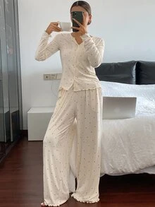 Women's Polka Dot Print Long Sleeve Button-Up Top And Pants Pajama Set, Fall Winter Clothes - Beige - View 4