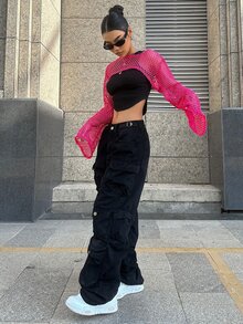 DAZY Hollow Out Super Crop Top Without Cami Top Festival Sheer Long Sleeve Women Tops - Hot Pink - View 5