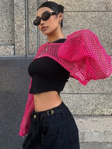 DAZY Hollow Out Super Crop Top Without Cami Top Festival Sheer Long Sleeve Women Tops - Hot Pink - View 3
