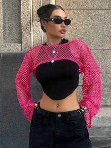 DAZY Hollow Out Super Crop Top Without Cami Top Festival Sheer Long Sleeve Women Tops - Hot Pink - View 8