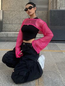 DAZY Hollow Out Super Crop Top Without Cami Top Festival Sheer Long Sleeve Women Tops - Hot Pink - View 4
