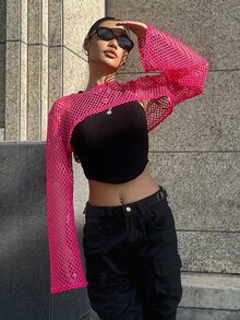 DAZY Hollow Out Super Crop Top Without Cami Top Festival Sheer Long Sleeve Women Tops - Hot Pink - View 7
