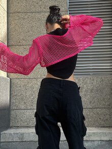 DAZY Hollow Out Super Crop Top Without Cami Top Festival Sheer Long Sleeve Women Tops - Hot Pink - View 2