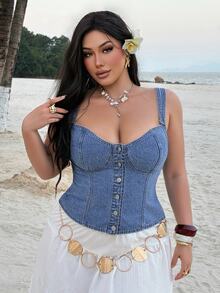 REIGN AVE Washed Blue Stretch Fitted Minimalist Sexy Sexy Vacation Style Denim Vest Denim Top Plus Size Women Spring Summer - Light Wash - View 8