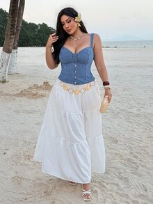 REIGN AVE Washed Blue Stretch Fitted Minimalist Sexy Sexy Vacation Style Denim Vest Denim Top Plus Size Women Spring Summer - Light Wash - View 7