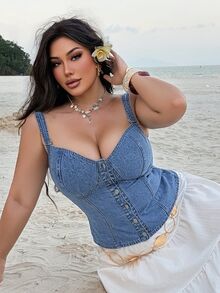 REIGN AVE Washed Blue Stretch Fitted Minimalist Sexy Sexy Vacation Style Denim Vest Denim Top Plus Size Women Spring Summer - Light Wash - View 9