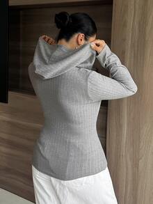 Livesso Solid Color Casual Slim Fit Hooded Pullover Sweater, Blogger Style Long Sleeve Tops - Grey - View 2