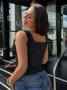 Livesso Patchwork Lace Trim Cinched Waist Short Square Neck Casual Romantic Elegant Vacation Top Women Spring Summer Camisole Going Out Nuit Black - Black - View 2