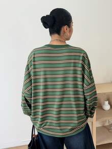 Dazy Plus Casual Loose Fit Round Neck Long Sleeve Striped T-Shirt, Plus Size, Street Style Vacation - Olive Green - View 2