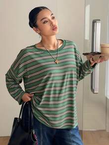 Dazy Plus Casual Loose Fit Round Neck Long Sleeve Striped T-Shirt, Plus Size, Street Style Vacation - Olive Green - View 5