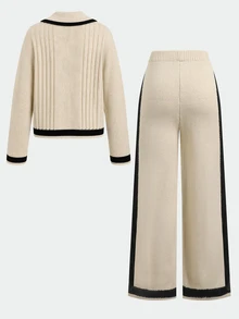 SHEIN Kids Tween Girl Long Sleeve Large Collar Button-Up Apricot And Black Contrast Autumn Top With Straight Leg Contrast Pants - Apricot - View 2