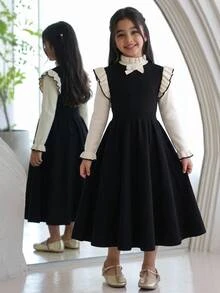 SHEIN Tween女孩兒童杏色與黑色提花蝴蝶結肩部長袖針織衫秋季洋裝，返校穿搭優雅套裝正式禮服 - 黑色 - 查看 6