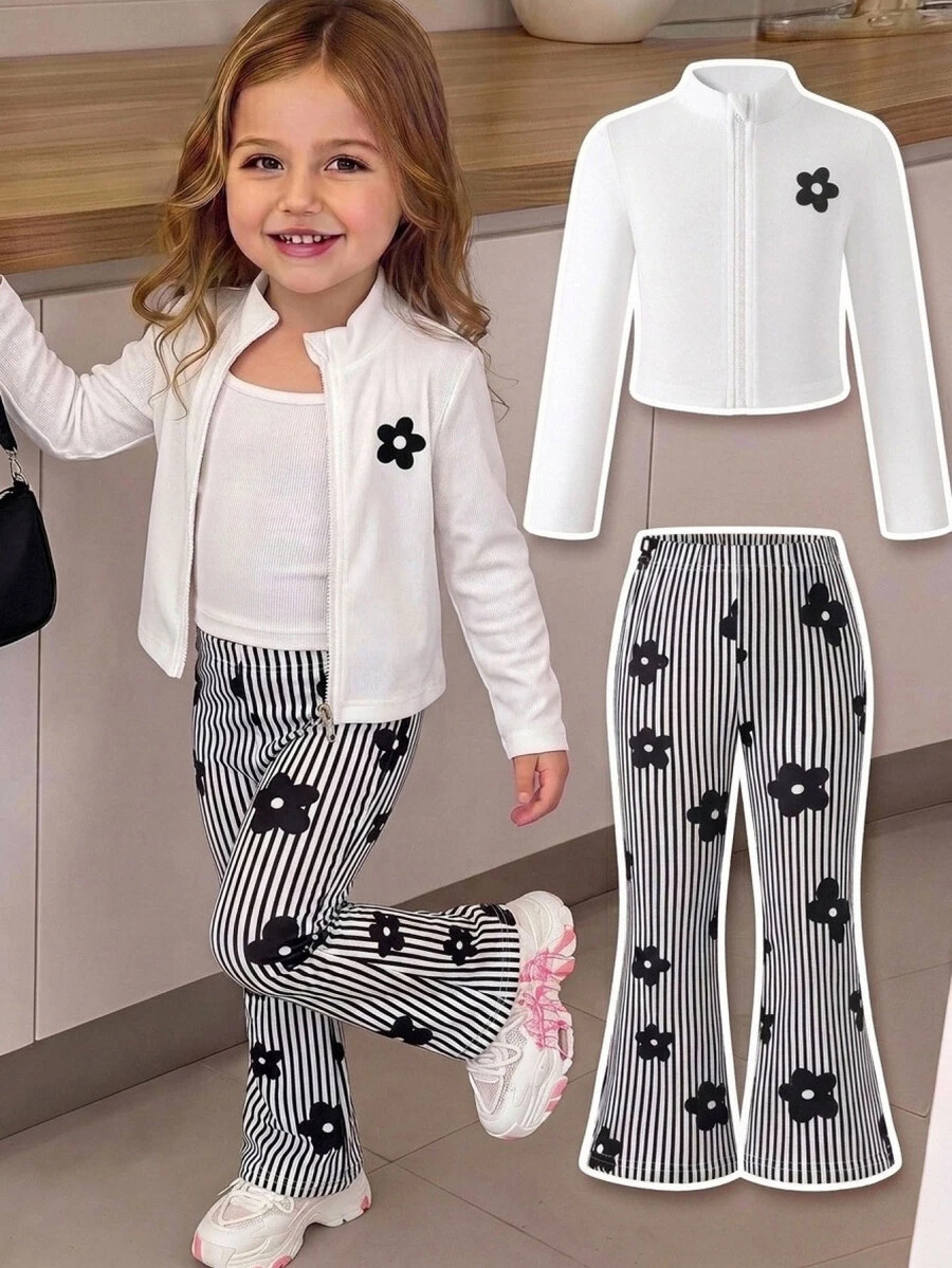 SHEIN Kids Young Girl Floral Print Long Sleeve Jacket And Flare Pants Casual Set - Multicolor - View 1