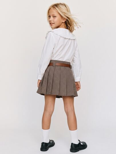 SHEIN x Tata & Beatriz Maija Kids Maija Kids Young Girl Vintage Plaid Fabric Pleated Skirt With Belt Plaid Skirt School Girl Skirt Girls School Uniform Skirt Brown Plaid Skirt Fall Winter