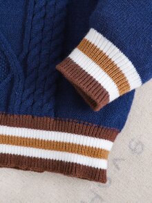 Cozy Pixies Kids Young Boy Colorblock Striped Knit Soft 3D Cable Texture Crew Neck Long Sleeve Pullover Autumn Sweater - Navy Blue - View 4