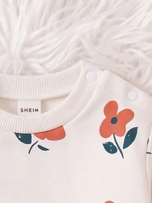 SHEIN 新生兒花卉印花長袖衛衣與長褲套裝 - 橘色 - 查看 8